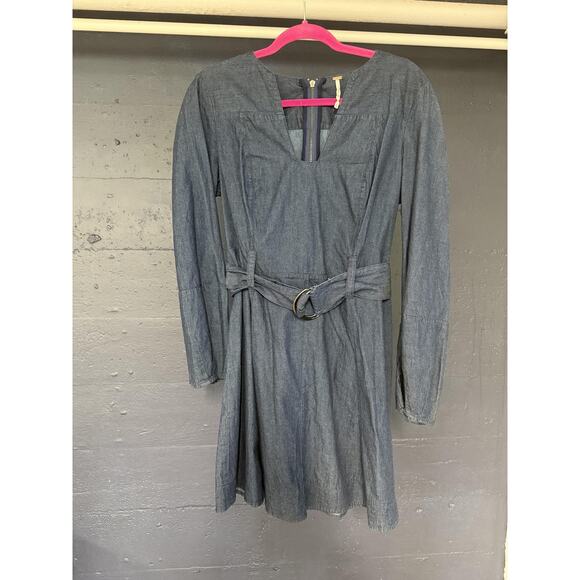 Free People Dress Womens Medium Blue Belted Long Sleeve Denim Mini Zip Back - Picture 2 of 8